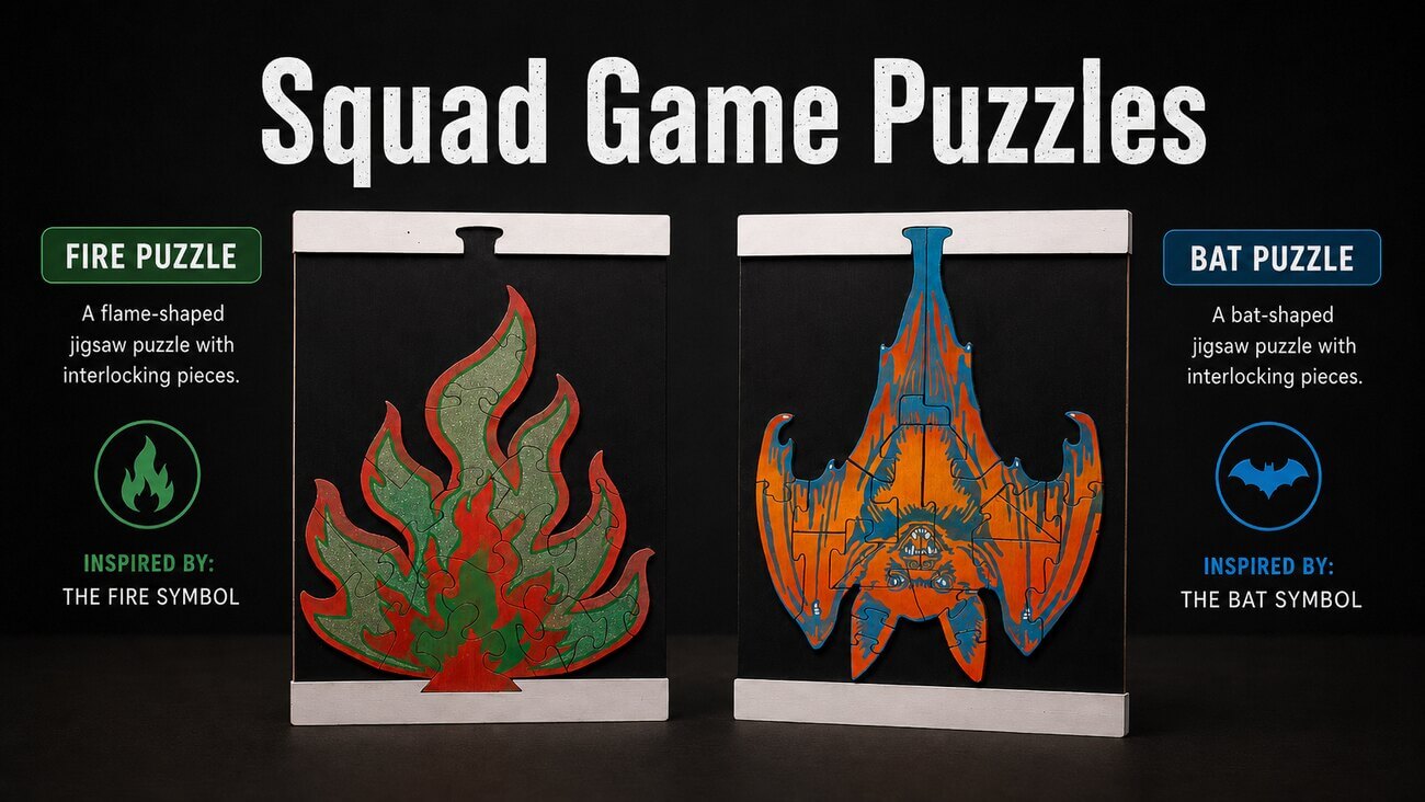 Squad Game puzzle challenges: a flame-shaped Fire Puzzle and a bat-shaped Bat Puzzle, each with interlocking pieces